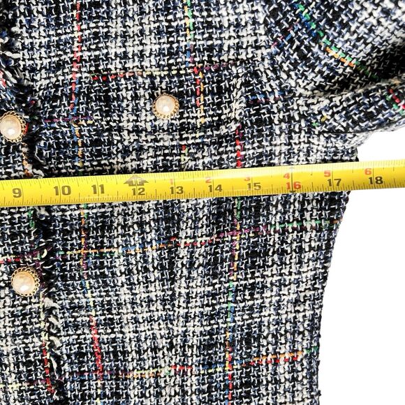 Fringed Plaid Jacket Boucle Women S Blue White Blazer Classic Professor Academia - Picture 15 of 16